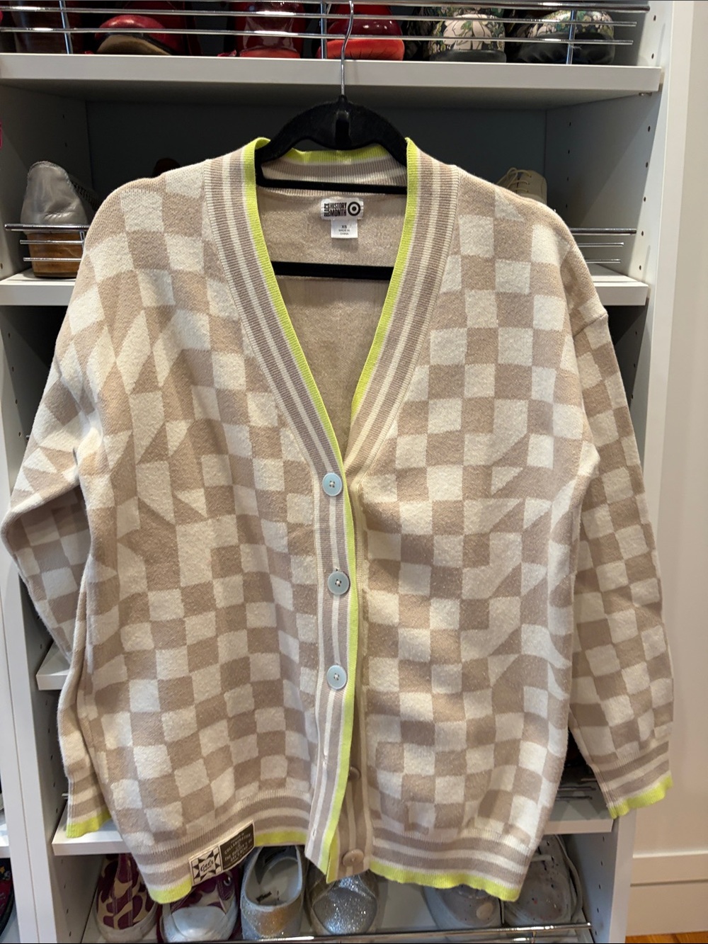 Gees Bend x Target Beige & Cream Checker Knit Cardigan with Neon Yellow Trim